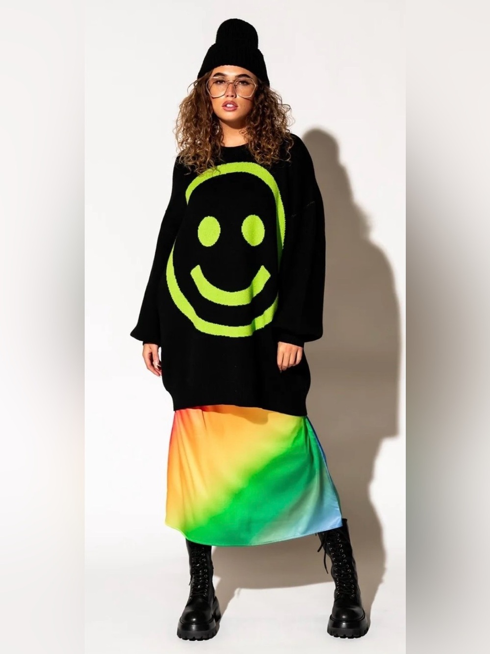 Dressed in LALA Sweater with Neon Green Slogan on Back and Smiley Face Front - Picture 3 of 9